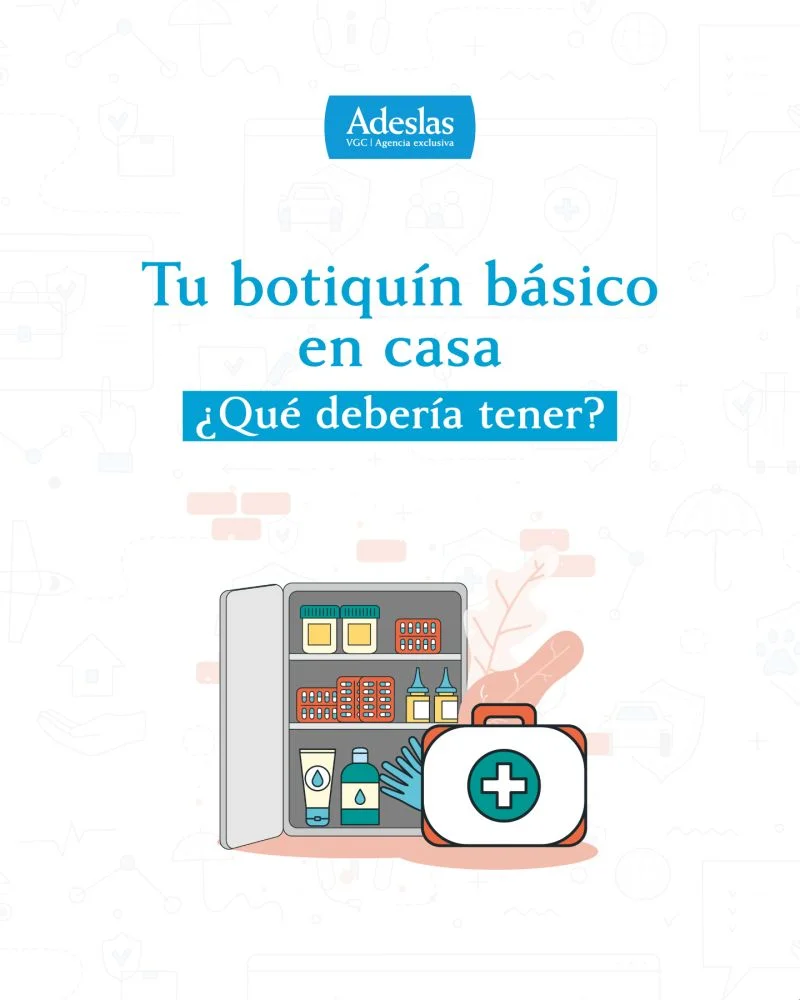 ilustración de un botiquín básico abierto en casa con material de cura, termómetro y guantes