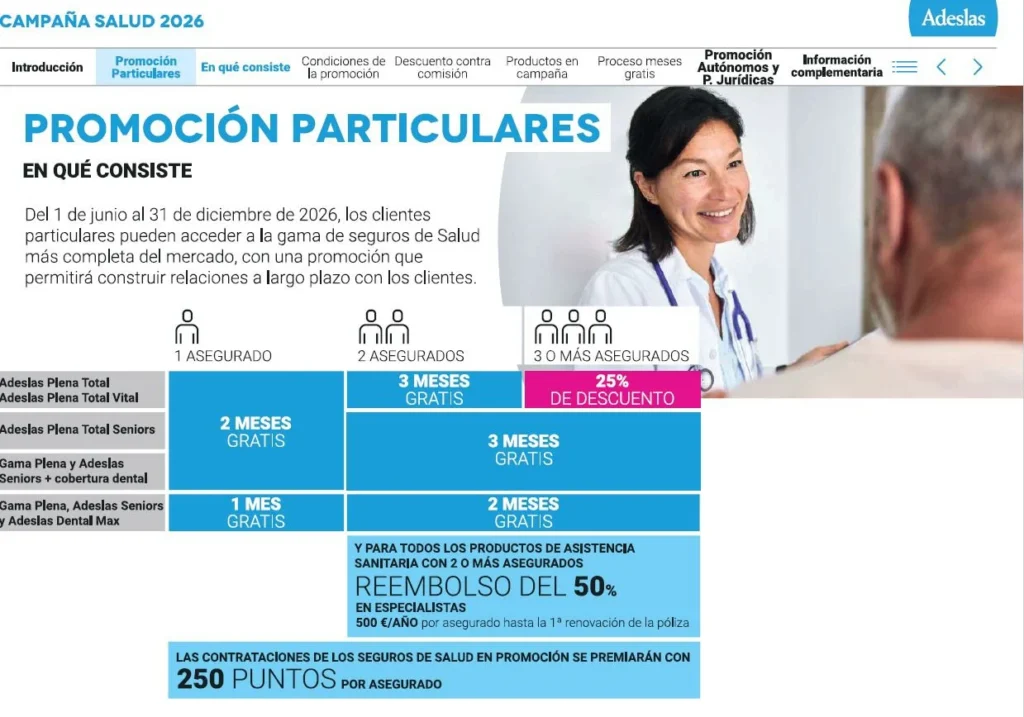 Promoción Adeslas 2026 para particulares: cuadro de meses gratis y descuentos según número de asegurados