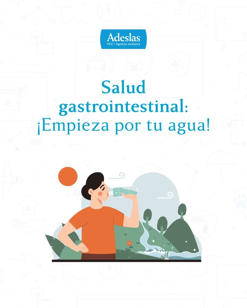 Ilustración de Adeslas sobre seguridad alimentaria en verano: una persona bebe agua embotellada para cuidar su salud gastrointestinal.