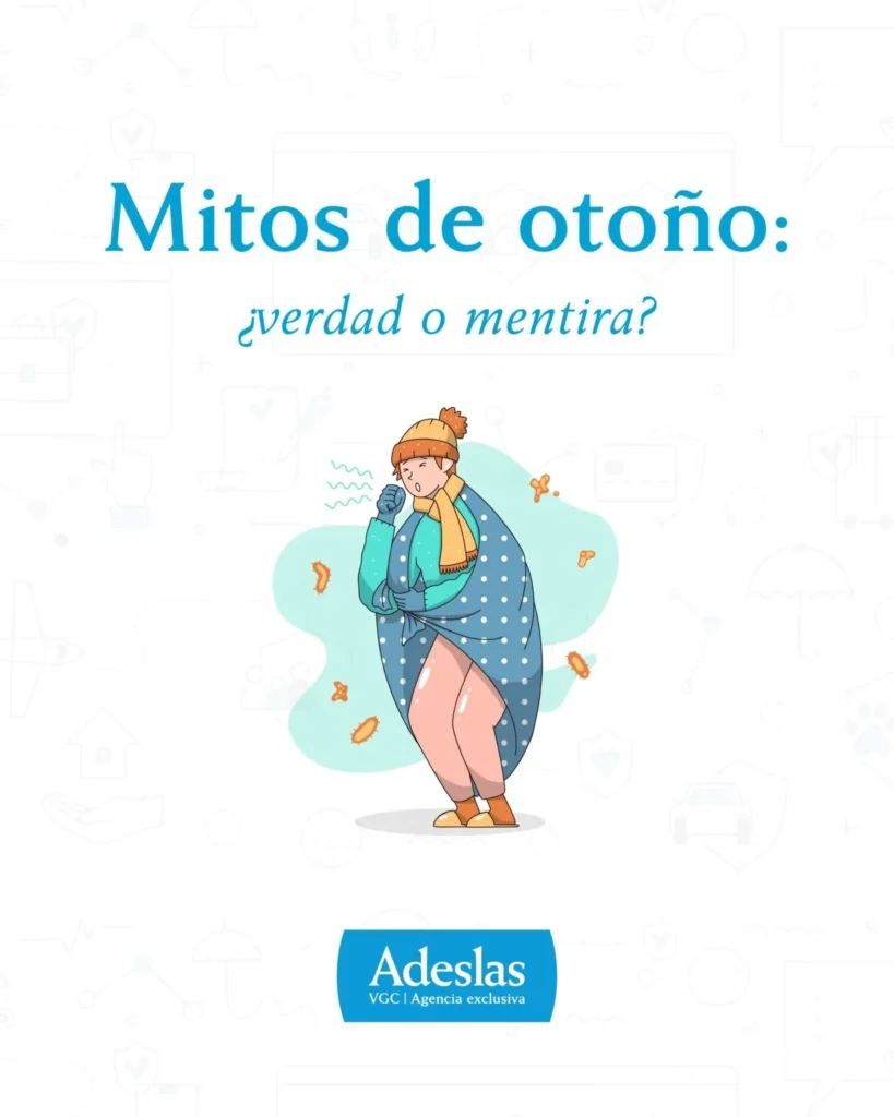 Mitos de otoño: ilustración de Adeslas de una persona con gorro y bufanda envuelta en una manta de lunares y rodeada de gérmenes